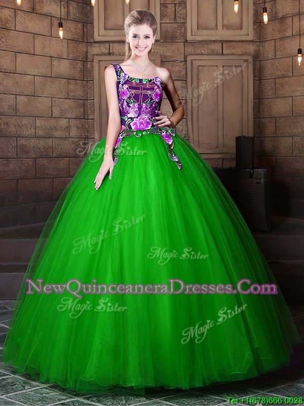 Extravagant One Shoulder Spring Green Lace Up Sweet 16 Dresses Pattern Sleeveless Floor Length