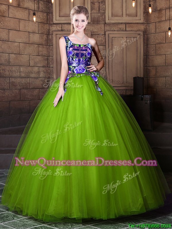 Romantic One Shoulder Olive Green Sleeveless Floor Length Pattern Lace Up 15th Birthday Dress