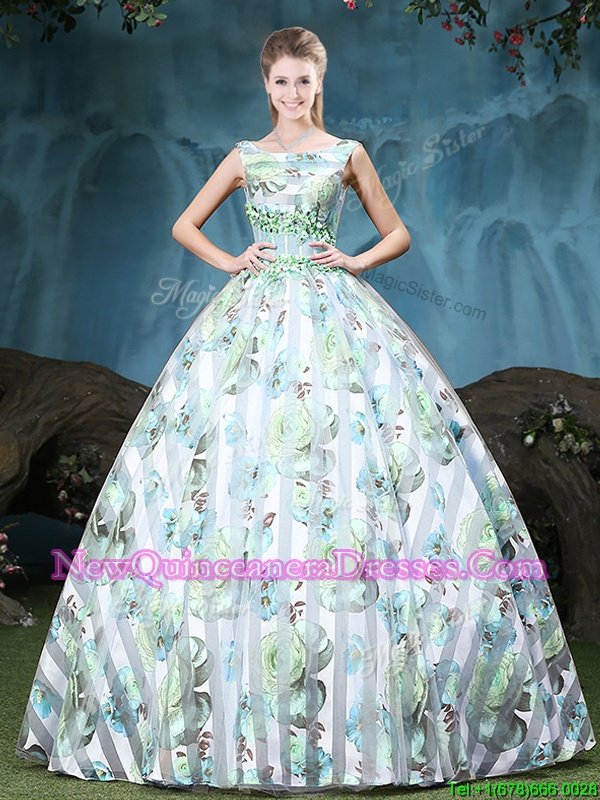 Lovely Multi-color Sweet 16 Dress Military Ball and Sweet 16 and Quinceanera and For withAppliques and Pattern Straps Sleeveless Lace Up