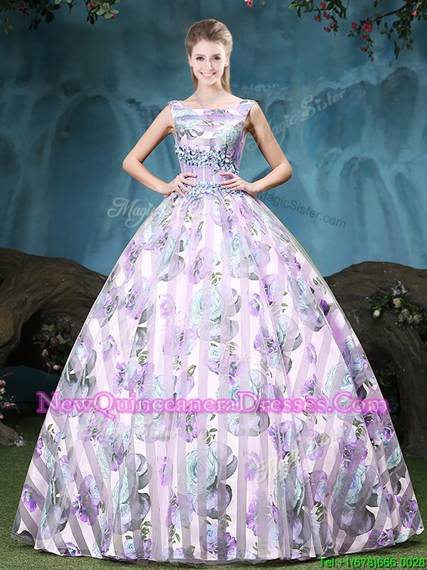 Customized Multi-color Ball Gowns Tulle Straps Sleeveless Appliques and Pattern Floor Length Lace Up Quinceanera Gown