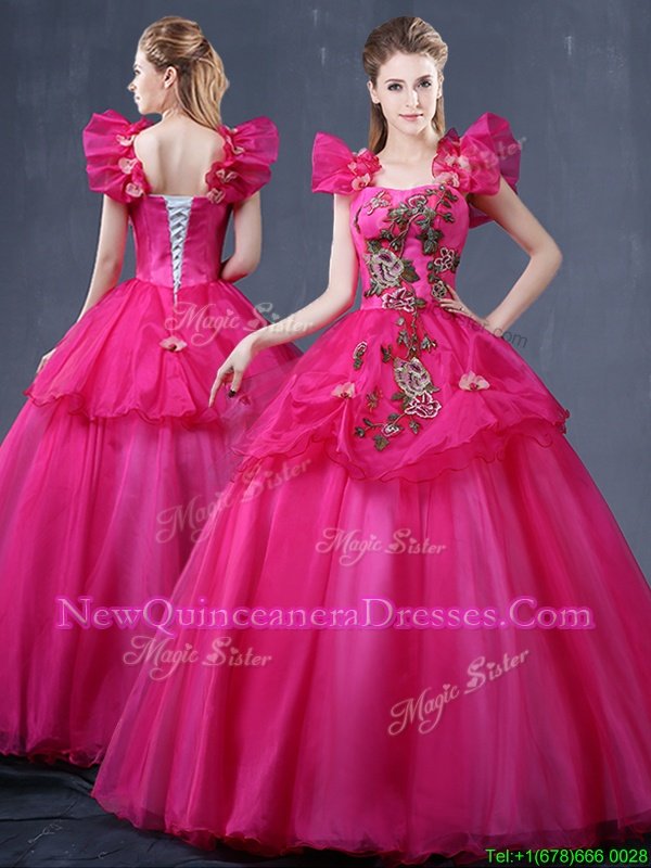 Sophisticated Floor Length Fuchsia 15 Quinceanera Dress Straps Sleeveless Lace Up