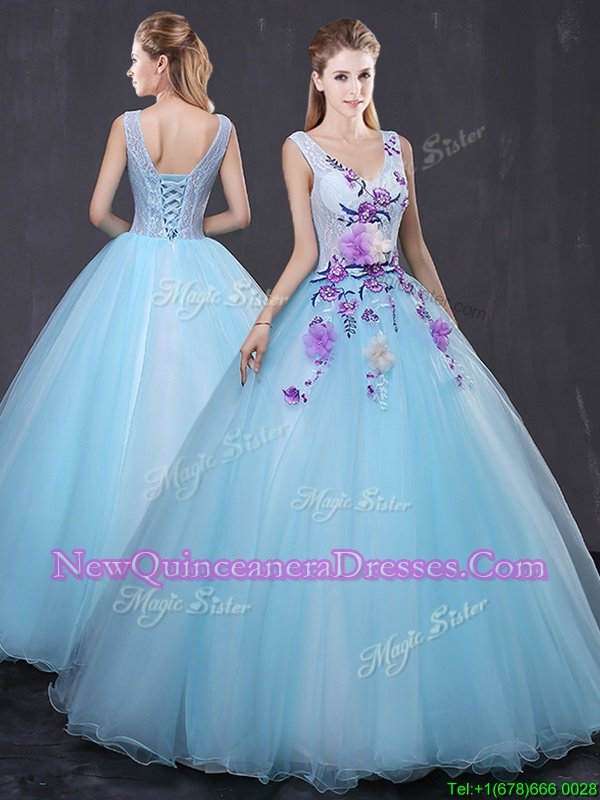 Light Blue Lace Up Quinceanera Dress Lace and Appliques Sleeveless Floor Length