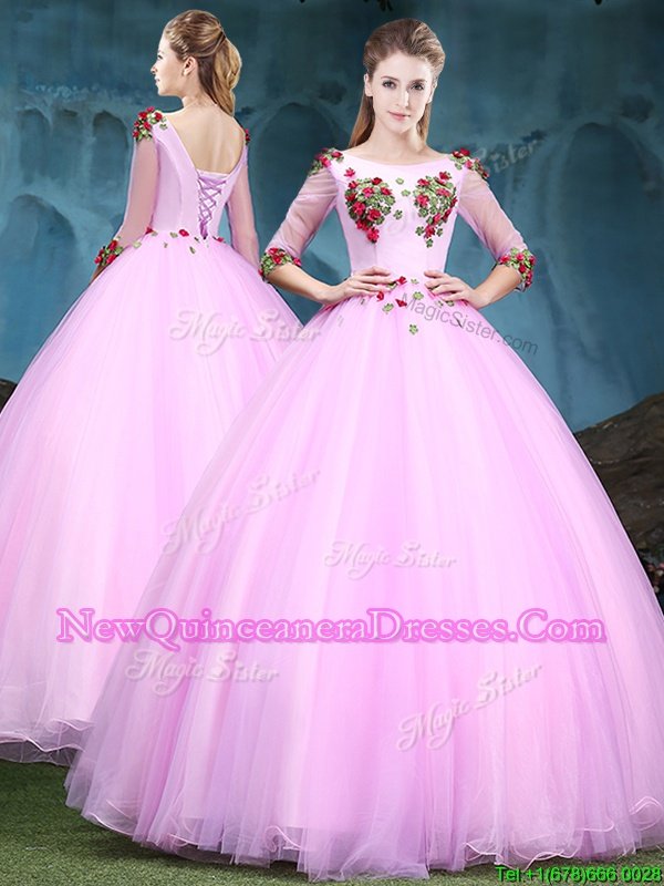 Scoop Floor Length Baby Pink Vestidos de Quinceanera Tulle Half Sleeves Spring and Summer and Fall and Winter Appliques