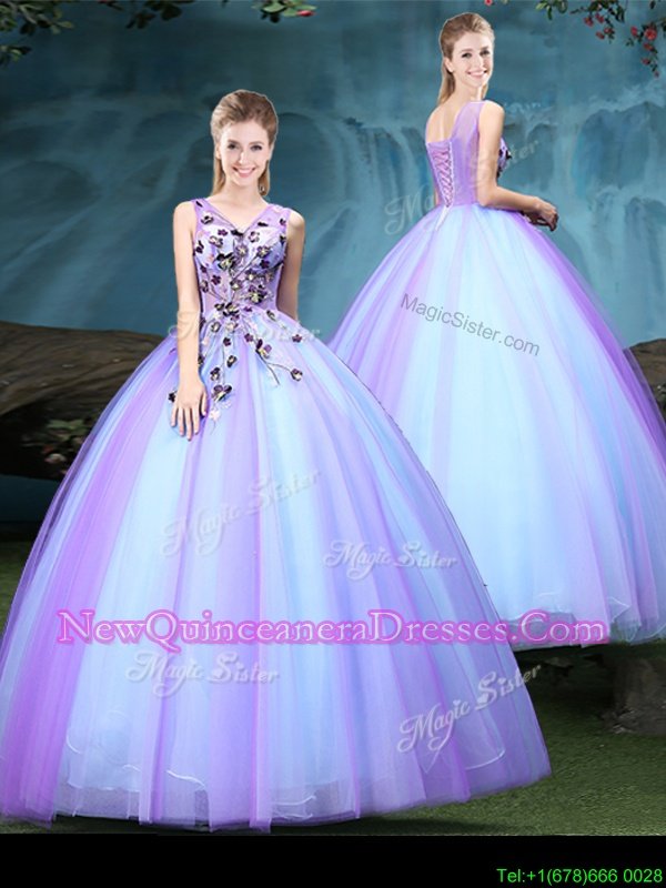 On Sale V-neck Sleeveless Lace Up Quinceanera Dress Blue and Lilac Tulle