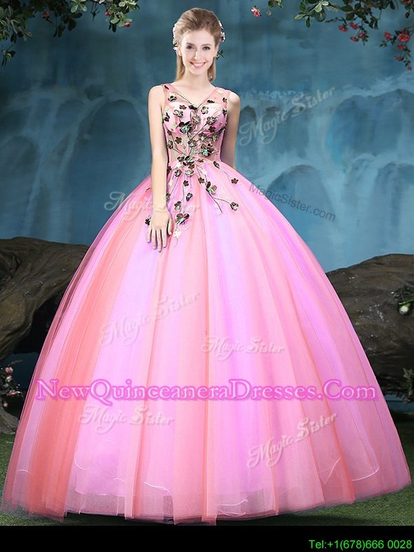 Elegant Sleeveless Lace Up Floor Length Appliques Ball Gown Prom Dress