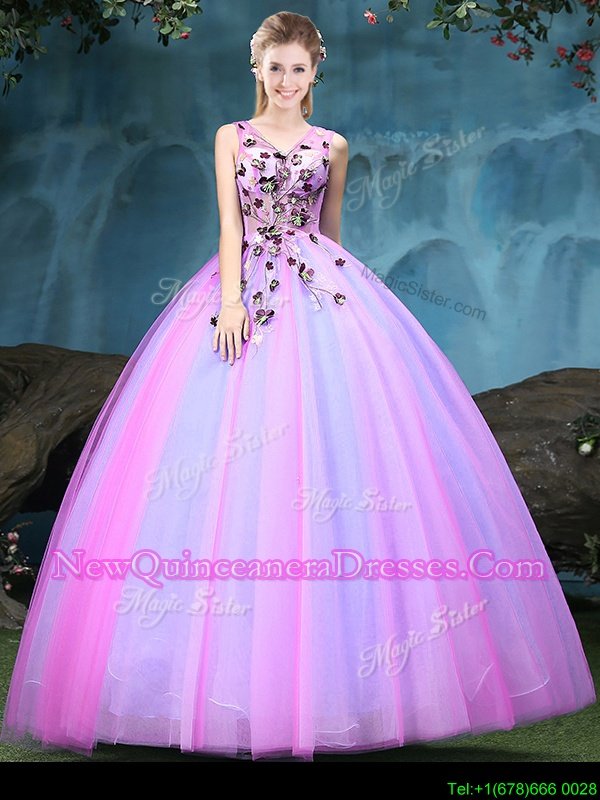 Discount Floor Length Multi-color Quinceanera Dress V-neck Sleeveless Lace Up