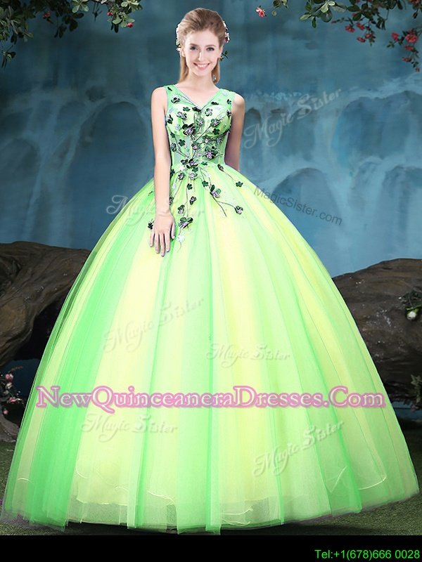 Adorable Multi-color Sleeveless Floor Length Appliques Lace Up Quinceanera Dress