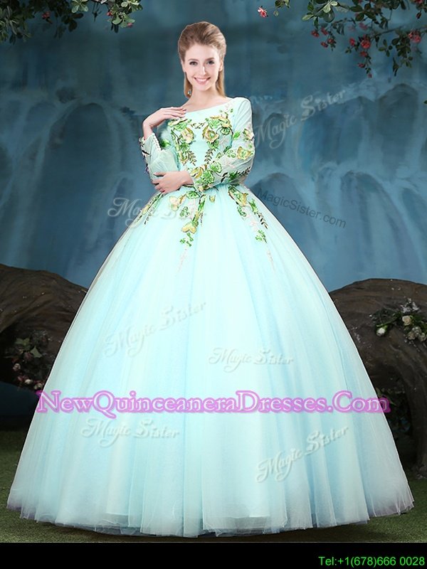 Smart Scoop Aqua Blue Tulle Lace Up Quinceanera Dress Long Sleeves Floor Length Appliques