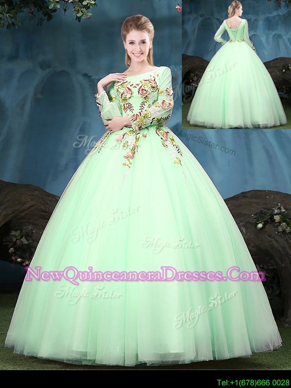 Fine Scoop Apple Green Long Sleeves Tulle Lace Up Sweet 16 Dress for Military Ball and Sweet 16 and Quinceanera