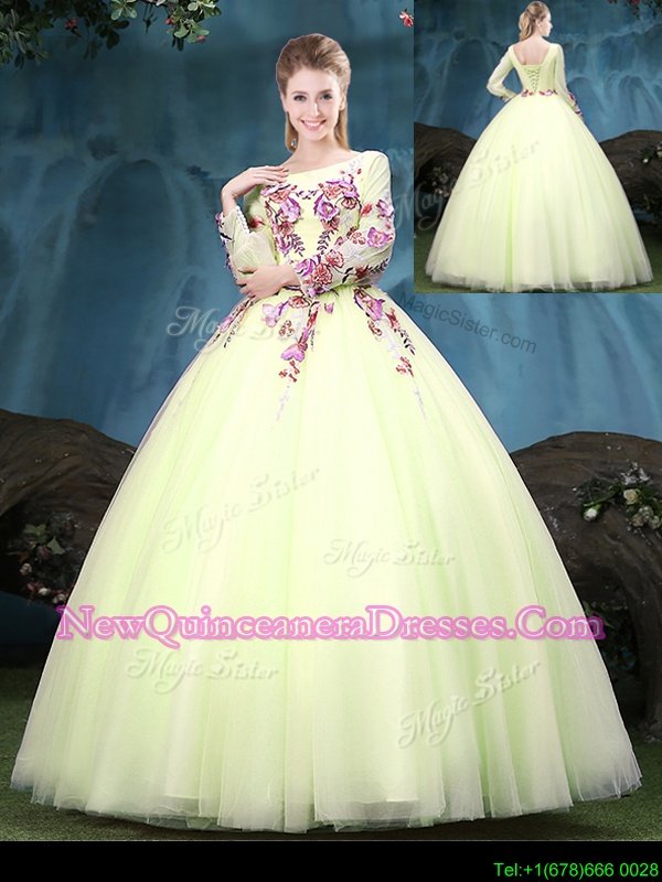 Noble Yellow Green Ball Gowns Tulle Scoop Long Sleeves Appliques Floor Length Lace Up 15 Quinceanera Dress