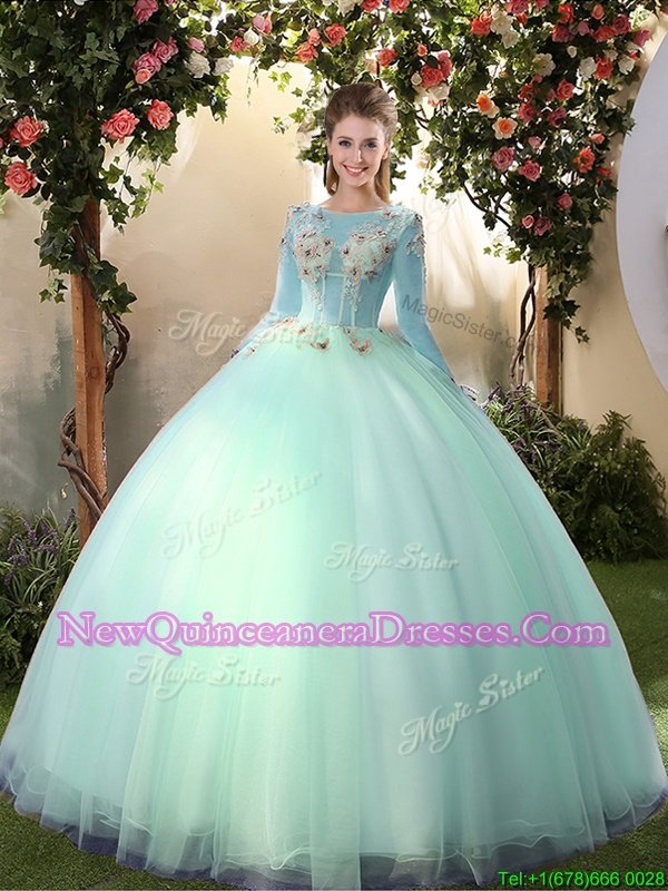 Light Blue Lace Up Scoop Appliques 15 Quinceanera Dress Tulle Long Sleeves