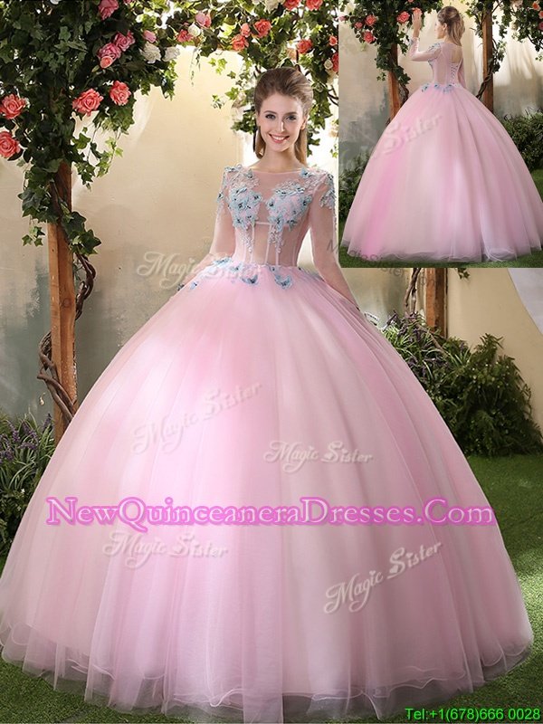 Superior Scoop Floor Length Baby Pink Quinceanera Gown Tulle Long Sleeves Spring and Summer and Fall and Winter Appliques