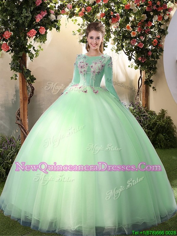 Romantic Scoop Apple Green Long Sleeves Appliques Floor Length Vestidos de Quinceanera