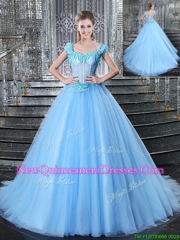 Exquisite Straps Straps Light Blue Lace Up Vestidos de Quinceanera Beading and Appliques Sleeveless With Brush Train