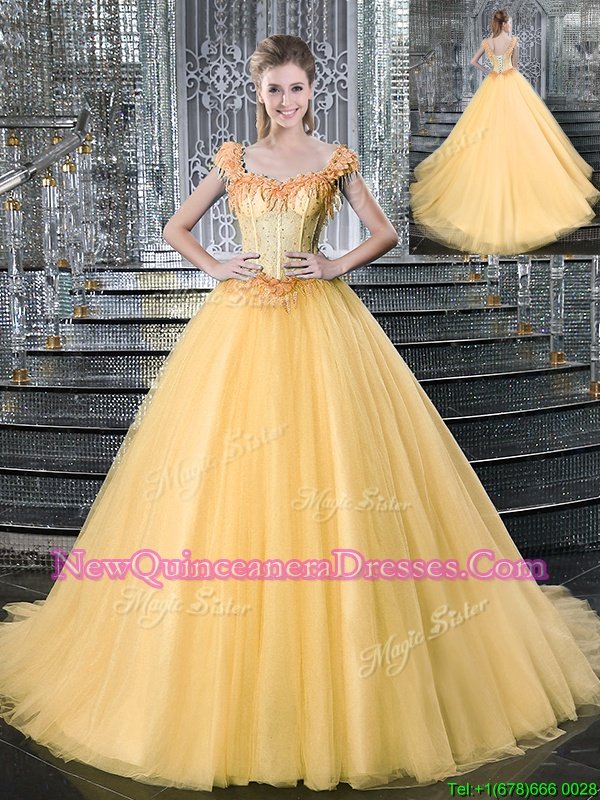 Glorious Gold Quinceanera Gown Military Ball and Sweet 16 and Quinceanera and For withBeading Straps Sleeveless Brush Train Lace Up