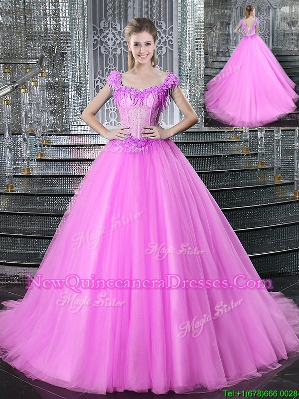 Glamorous Fuchsia Lace Up Straps Beading and Appliques Quinceanera Gowns Tulle Sleeveless Brush Train