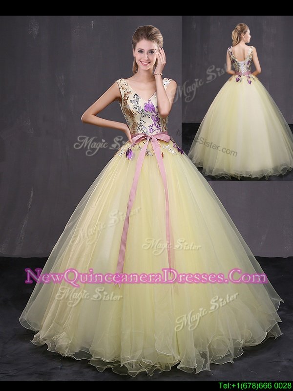 Inexpensive Light Yellow Lace Up Quinceanera Gowns Appliques and Belt Sleeveless Floor Length