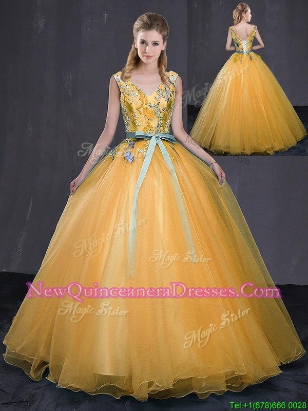 Clearance Floor Length Gold Sweet 16 Dresses Tulle Sleeveless Spring and Summer and Fall and Winter Appliques and Belt