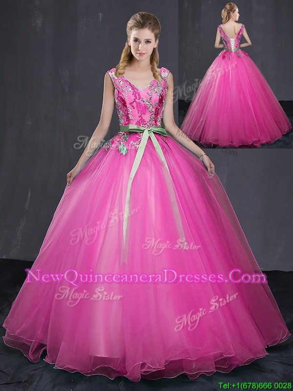 Glorious Hot Pink Sleeveless Appliques and Belt Floor Length Sweet 16 Quinceanera Dress