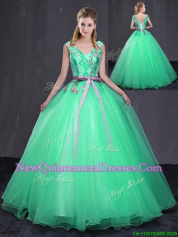 Smart Sleeveless Lace Up Floor Length Appliques and Belt Quinceanera Gown