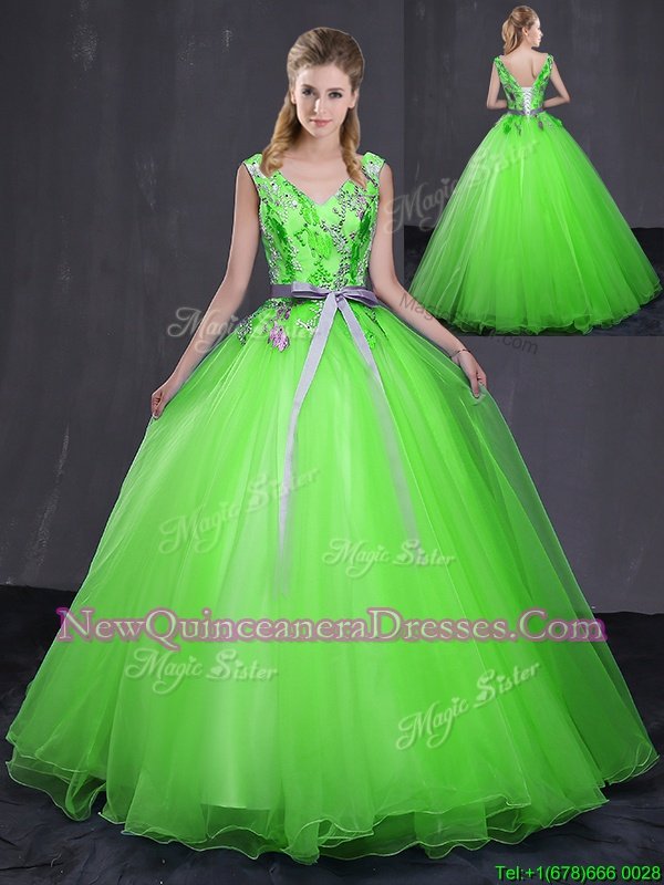 Designer Floor Length Spring Green Quince Ball Gowns V-neck Sleeveless Lace Up