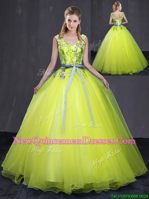 Colorful Yellow Green Sleeveless Floor Length Appliques and Belt Lace Up Vestidos de Quinceanera