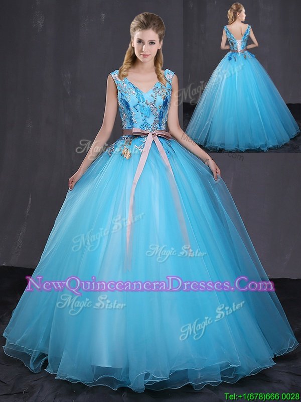 Custom Designed V-neck Sleeveless Tulle Quinceanera Gown Appliques and Belt Lace Up