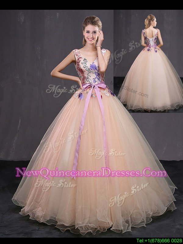 Trendy Sleeveless Tulle Floor Length Lace Up 15 Quinceanera Dress inPeach withAppliques and Belt