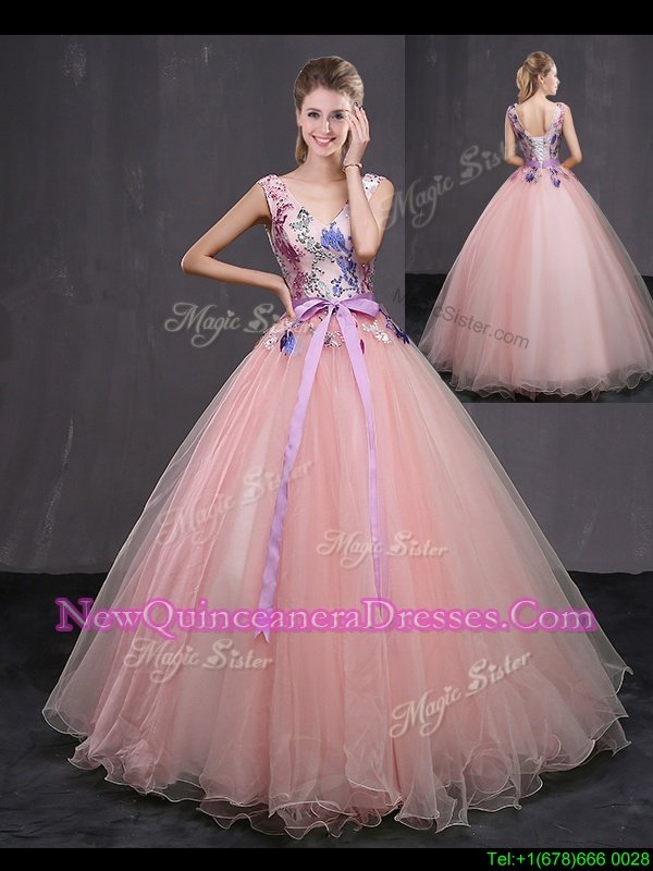 High End Baby Pink Ball Gowns Tulle V-neck Sleeveless Appliques and Belt Floor Length Lace Up Sweet 16 Dress