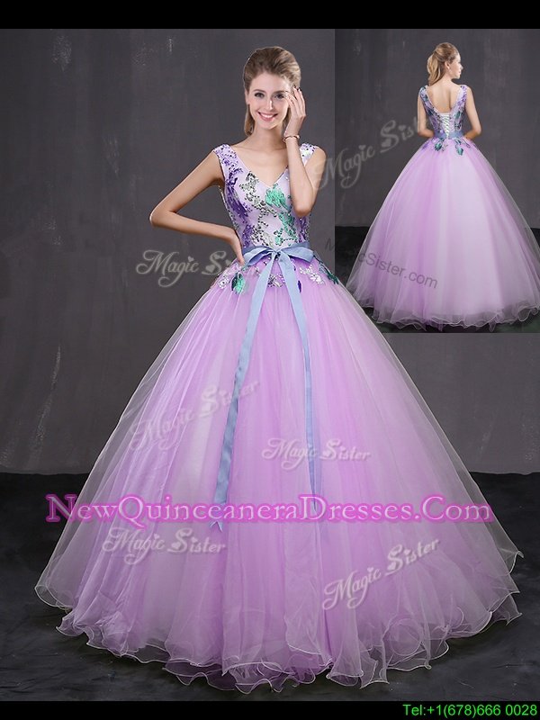 Extravagant Floor Length Lace Up Quinceanera Dress Lilac and In for Military Ball and Sweet 16 and Quinceanera withAppliques and Belt