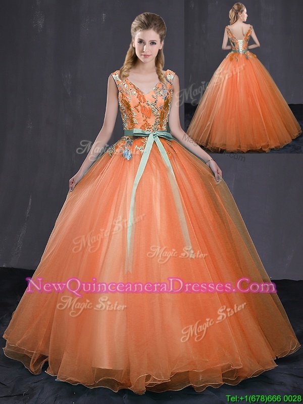 Lovely Orange Lace Up 15th Birthday Dress Beading and Belt Sleeveless Floor Length