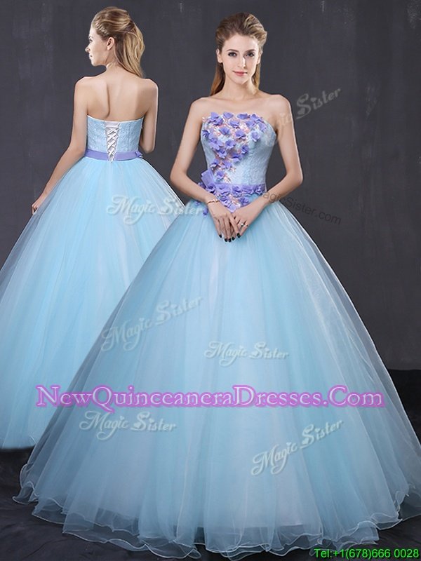 Classical Light Blue Lace Up 15th Birthday Dress Appliques and Belt Sleeveless Floor Length