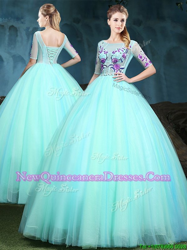 Clearance Apple Green Lace Up Scoop Appliques Quinceanera Dresses Tulle Half Sleeves