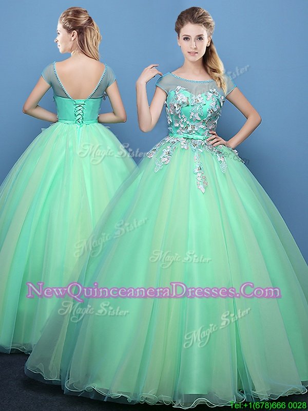 Fashion Scoop Cap Sleeves Lace Up Floor Length Appliques 15 Quinceanera Dress