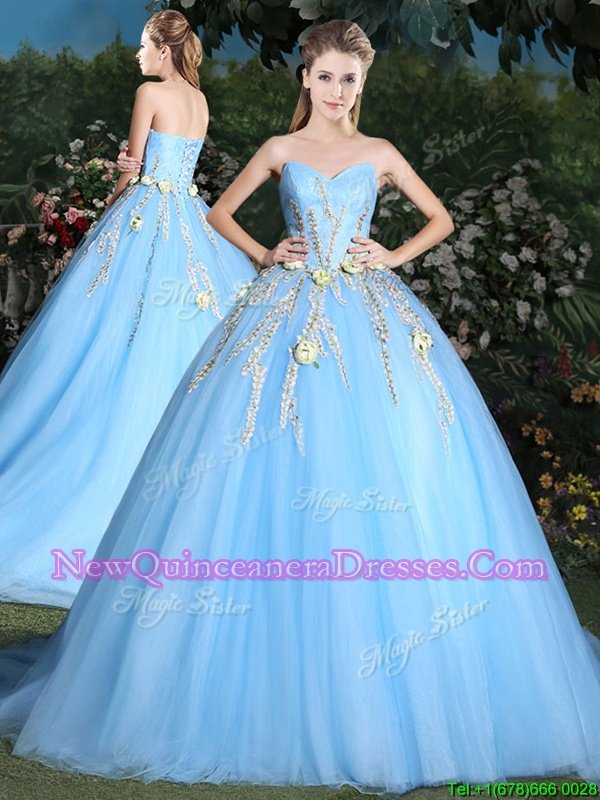 Custom Design Light Blue Lace Up 15 Quinceanera Dress Appliques Sleeveless Brush Train