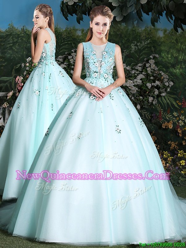 Fashionable Light Blue Lace Up Scoop Beading and Appliques Quinceanera Gowns Tulle Sleeveless Brush Train