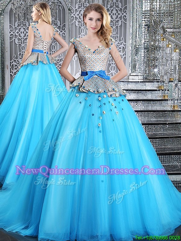 Sleeveless Brush Train Appliques and Belt Lace Up Quince Ball Gowns