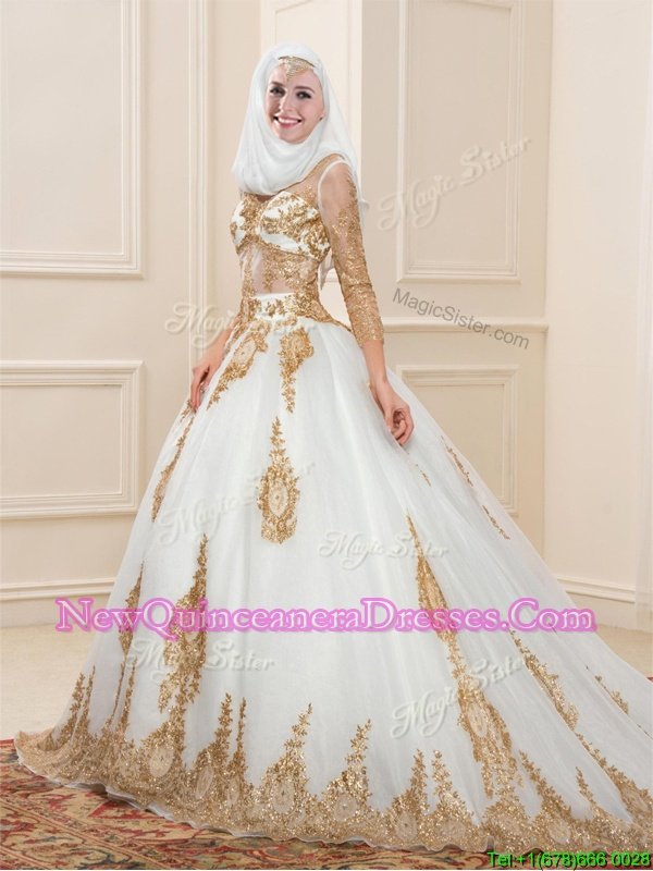 Dazzling Ball Gowns 3|4 Length Sleeve White Quinceanera Dresses Sweep Train Zipper