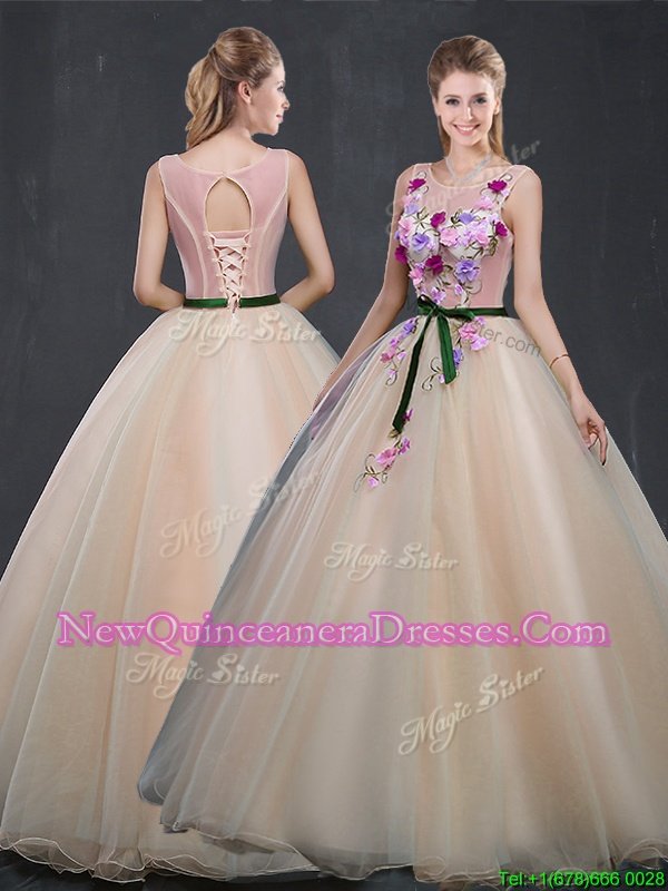 Fine Scoop Champagne Sleeveless Organza Lace Up Vestidos de Quinceanera for Prom and Sweet 16 and Quinceanera