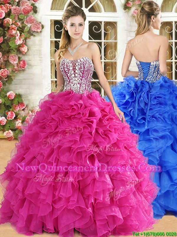 Pretty Sleeveless Organza Floor Length Lace Up Quinceanera Gowns inHot Pink withLace and Ruffles