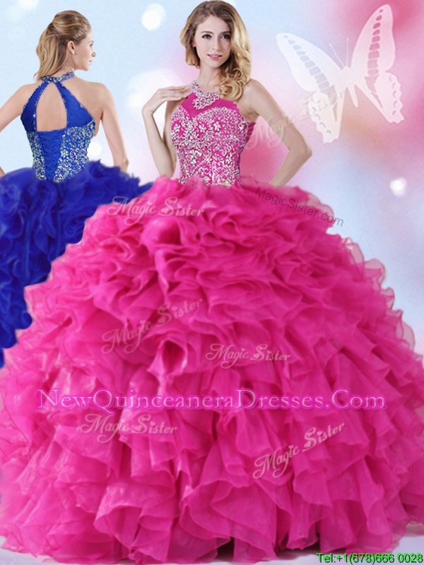 Elegant Halter Top Sleeveless Floor Length Beading and Ruffles Lace Up 15 Quinceanera Dress with Hot Pink