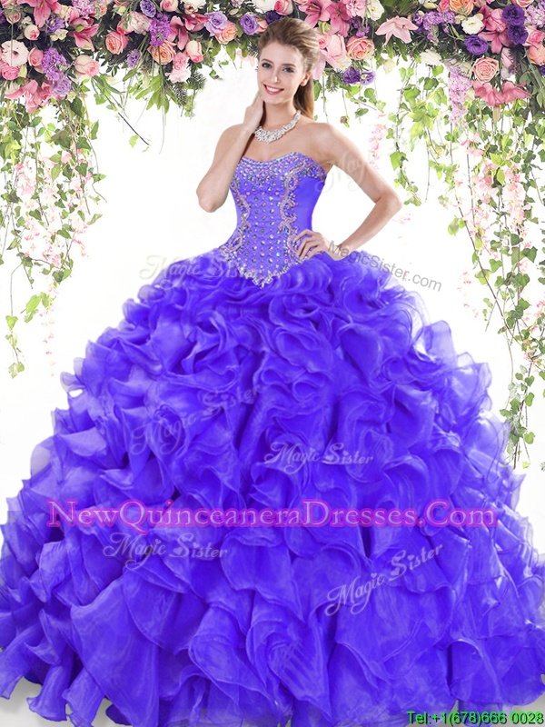 Sophisticated Sweetheart Sleeveless 15 Quinceanera Dress Sweep Train Beading and Ruffles Purple Organza