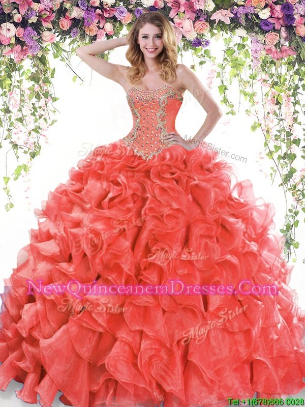 Free and Easy Red Lace Up Quince Ball Gowns Beading and Ruffles Sleeveless Sweep Train