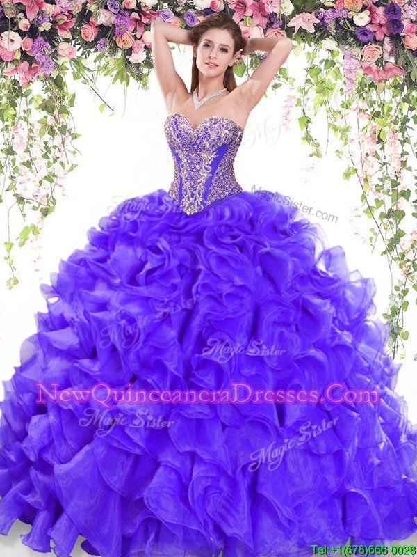 Admirable Purple Quinceanera Dress Military Ball and Sweet 16 and Quinceanera and For withBeading and Ruffles Sweetheart Sleeveless Sweep Train Lace Up