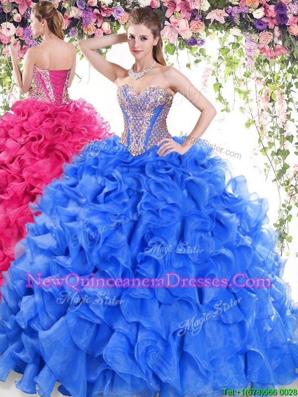 Glittering Blue Organza Lace Up Sweetheart Sleeveless Quinceanera Dresses Sweep Train Beading and Ruffles