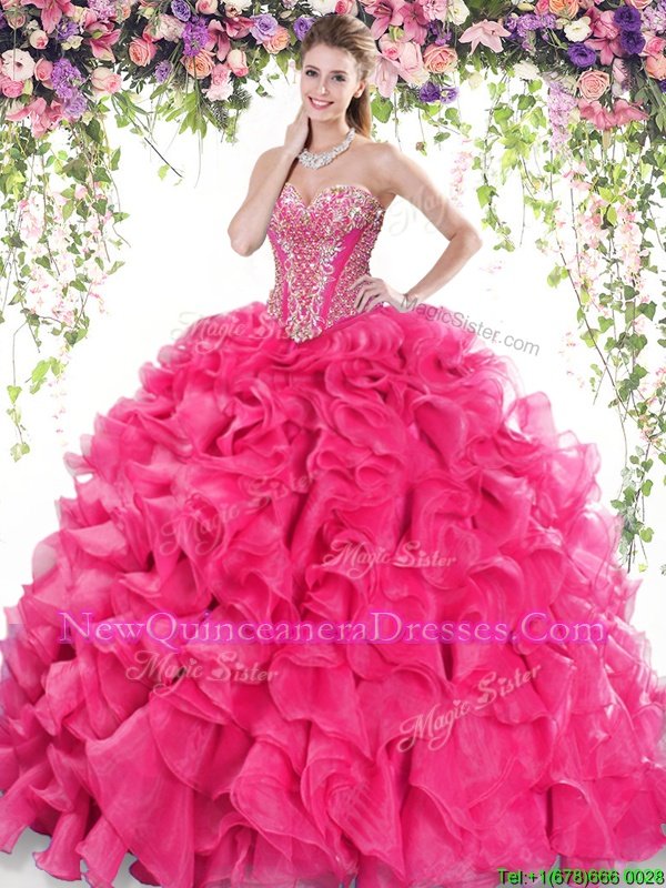 Hot Selling Beading and Ruffles Quince Ball Gowns Hot Pink Lace Up Sleeveless Sweep Train