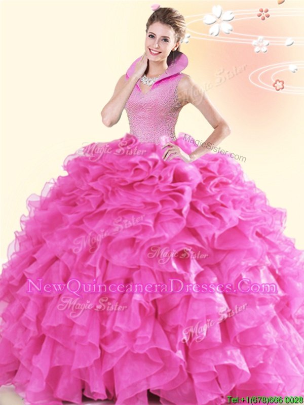 New Arrival Sleeveless Organza Floor Length Backless Ball Gown Prom Dress inHot Pink withBeading and Ruffles