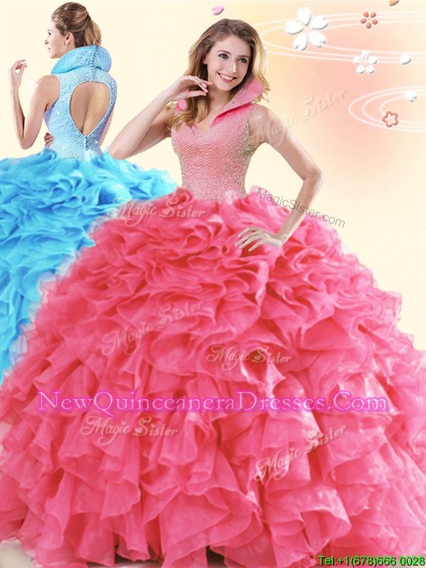 Fancy Coral Red Ball Gowns Organza High-neck Sleeveless Beading and Ruffles Floor Length Backless Vestidos de Quinceanera