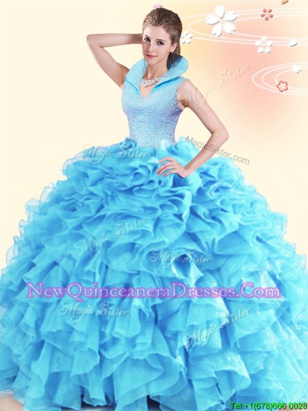 Floor Length Aqua Blue Quinceanera Dresses High-neck Sleeveless Backless