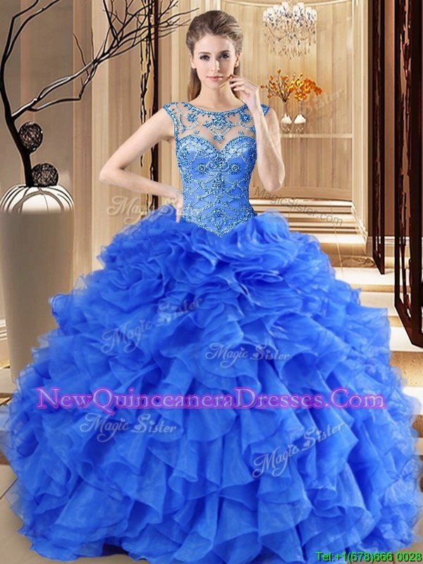 High Class Royal Blue Sweet 16 Quinceanera Dress Military Ball and Sweet 16 and Quinceanera and For withBeading and Ruffles Scoop Sleeveless Lace Up